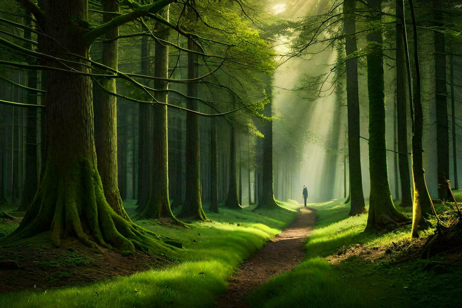 a man walks through the woods with sunlight shining through the trees. AI-Generated photo