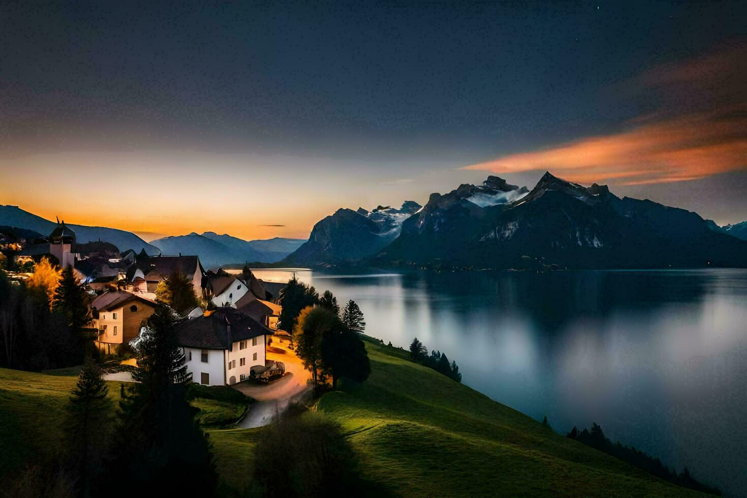 photo wallpaper the sky, mountains, lake, house, the sun, the moon, the sky. AI-Generated