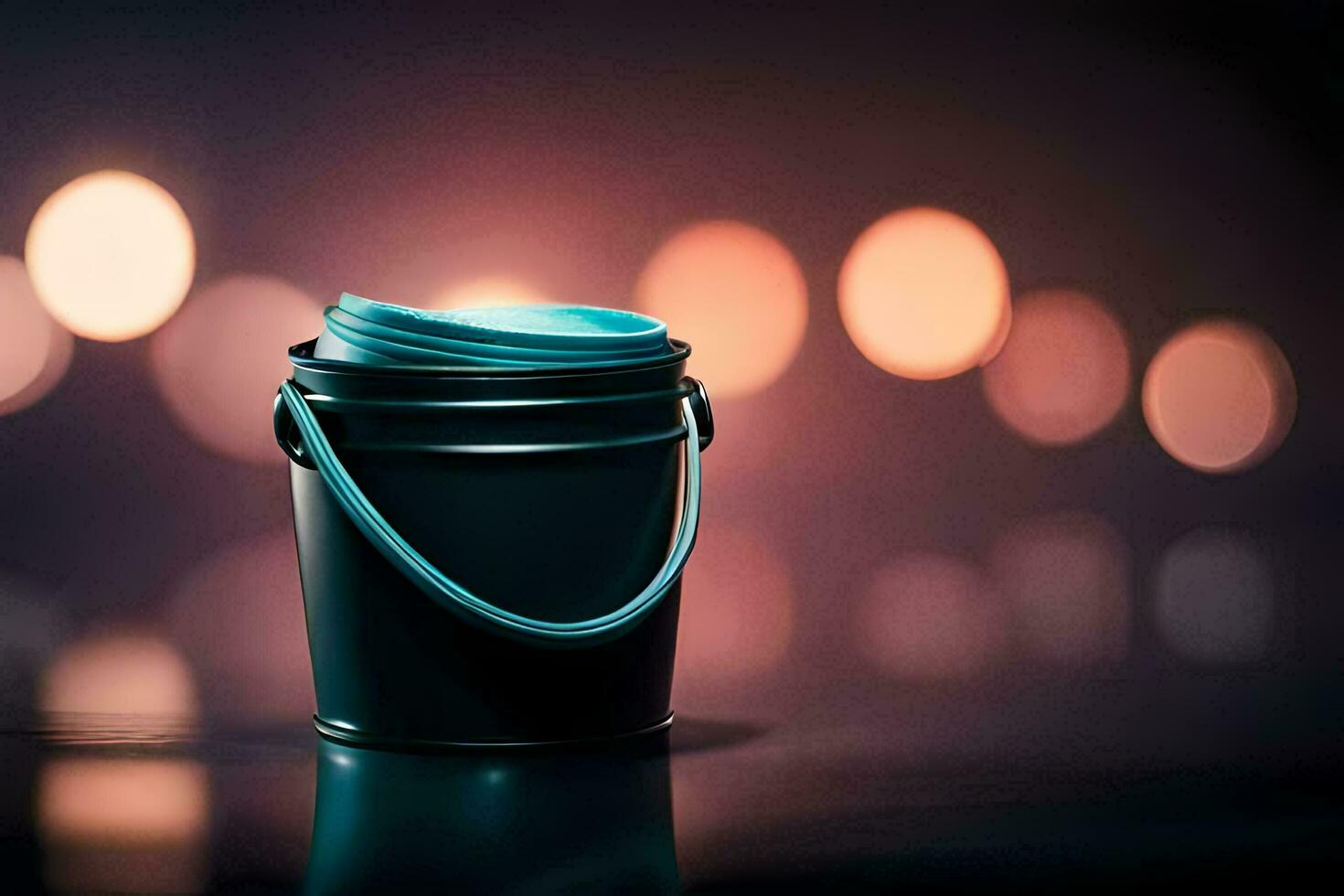 a bucket with a blue lid on a table. AI-Generated photo