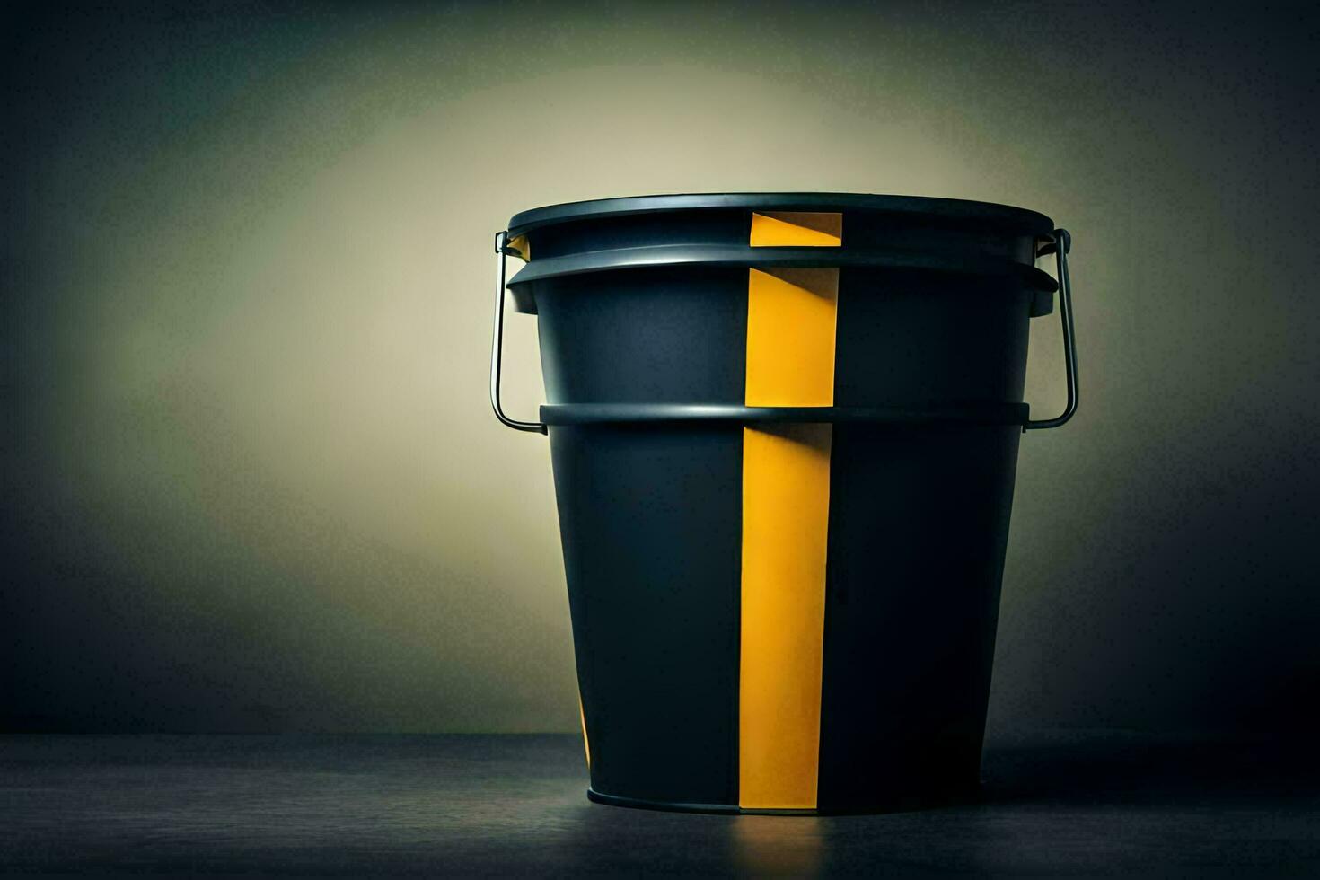 a black bucket with yellow stripes on it. AI-Generated photo