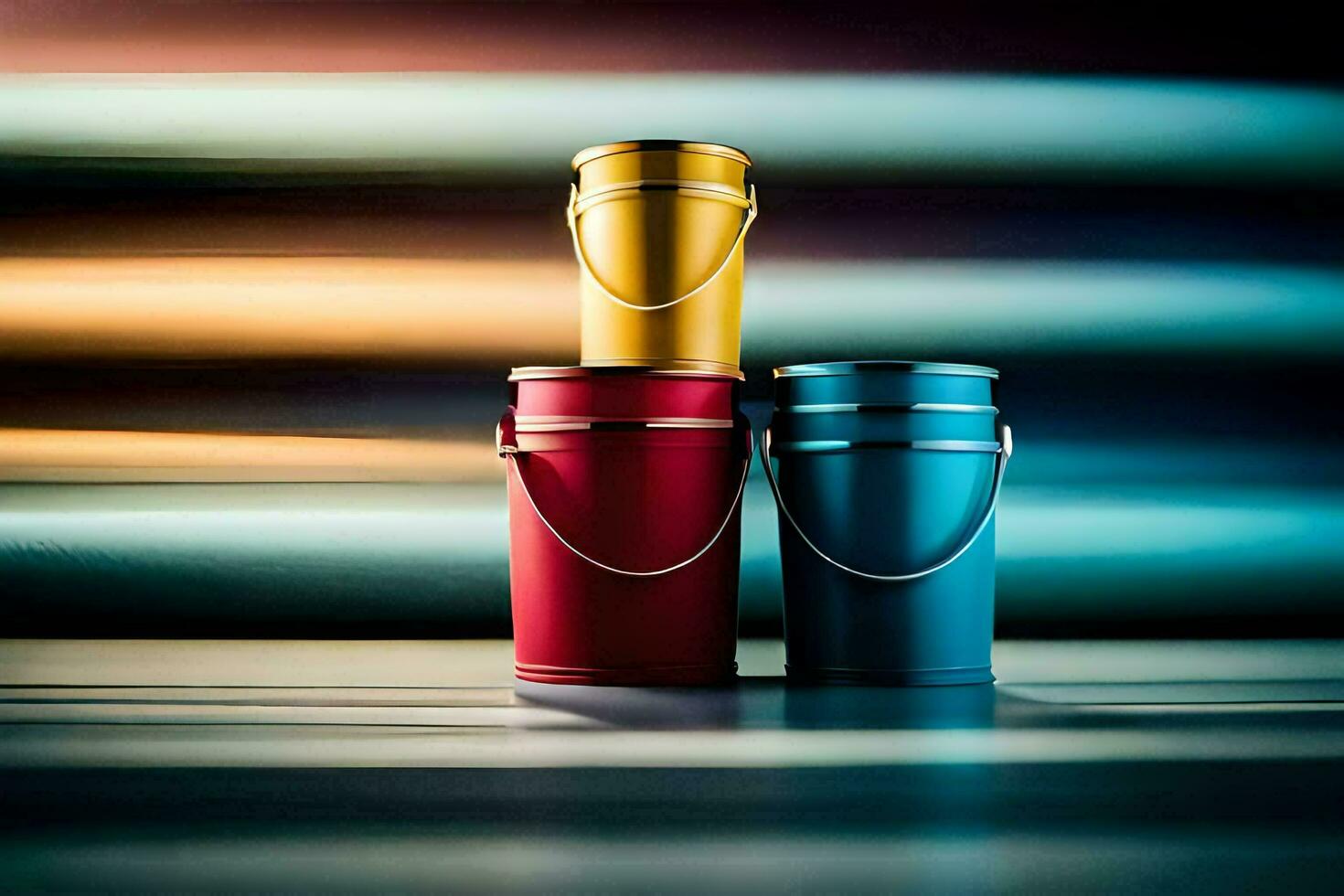 three colorful buckets on a table with a blurred background. AI-Generated photo