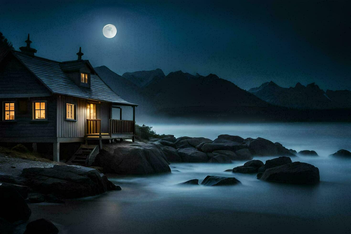 a small house sits on the rocks at night. AI-Generated photo