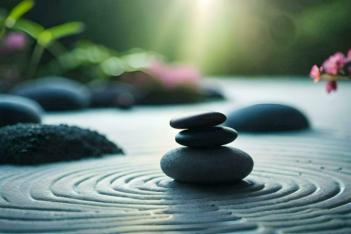 a zen garden with stones and flowers. AI-Generated photo
