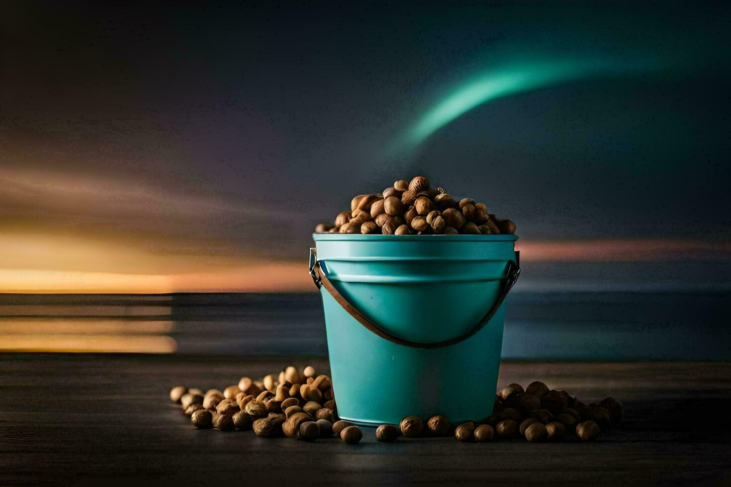 a bucket filled with nuts on a table in front of the ocean. AI-Generated photo