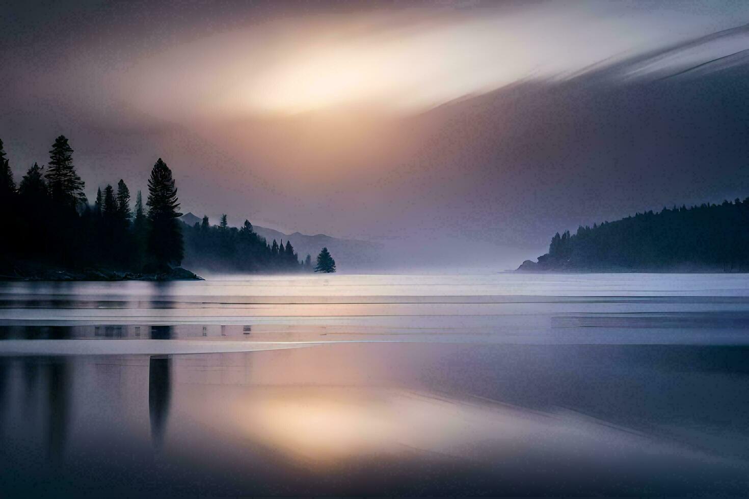 a lake with trees and a foggy sky. AI-Generated photo