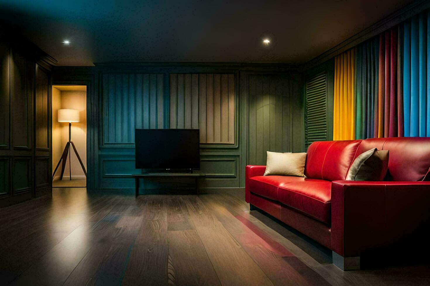 a living room with a red couch and a television. AI-Generated photo
