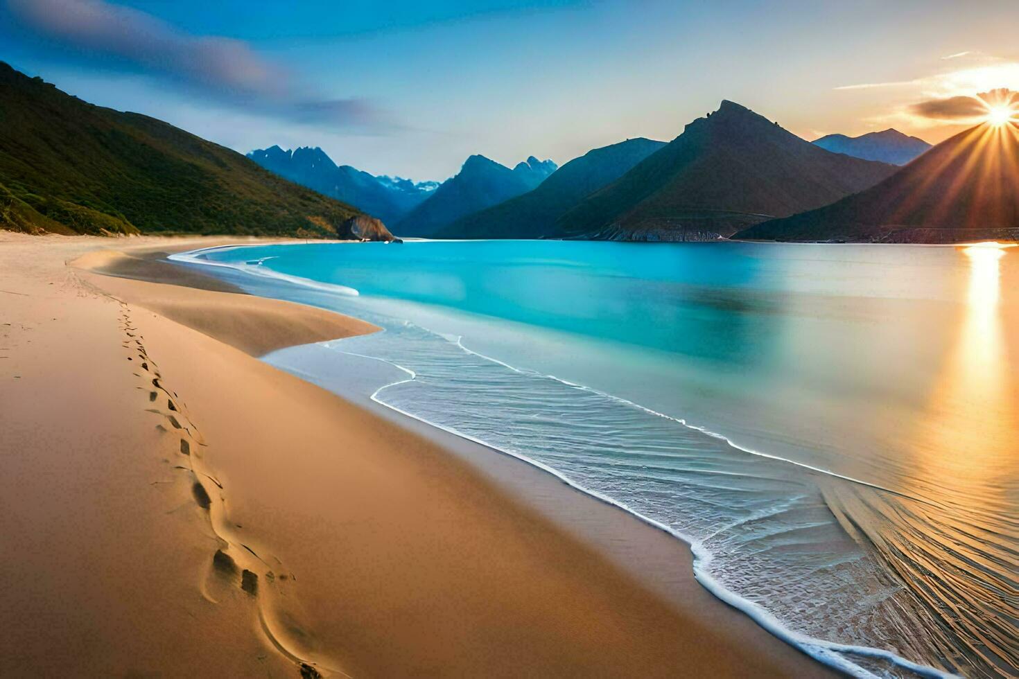 the sun rises over the ocean and mountains in this beautiful photo. AI-Generated photo