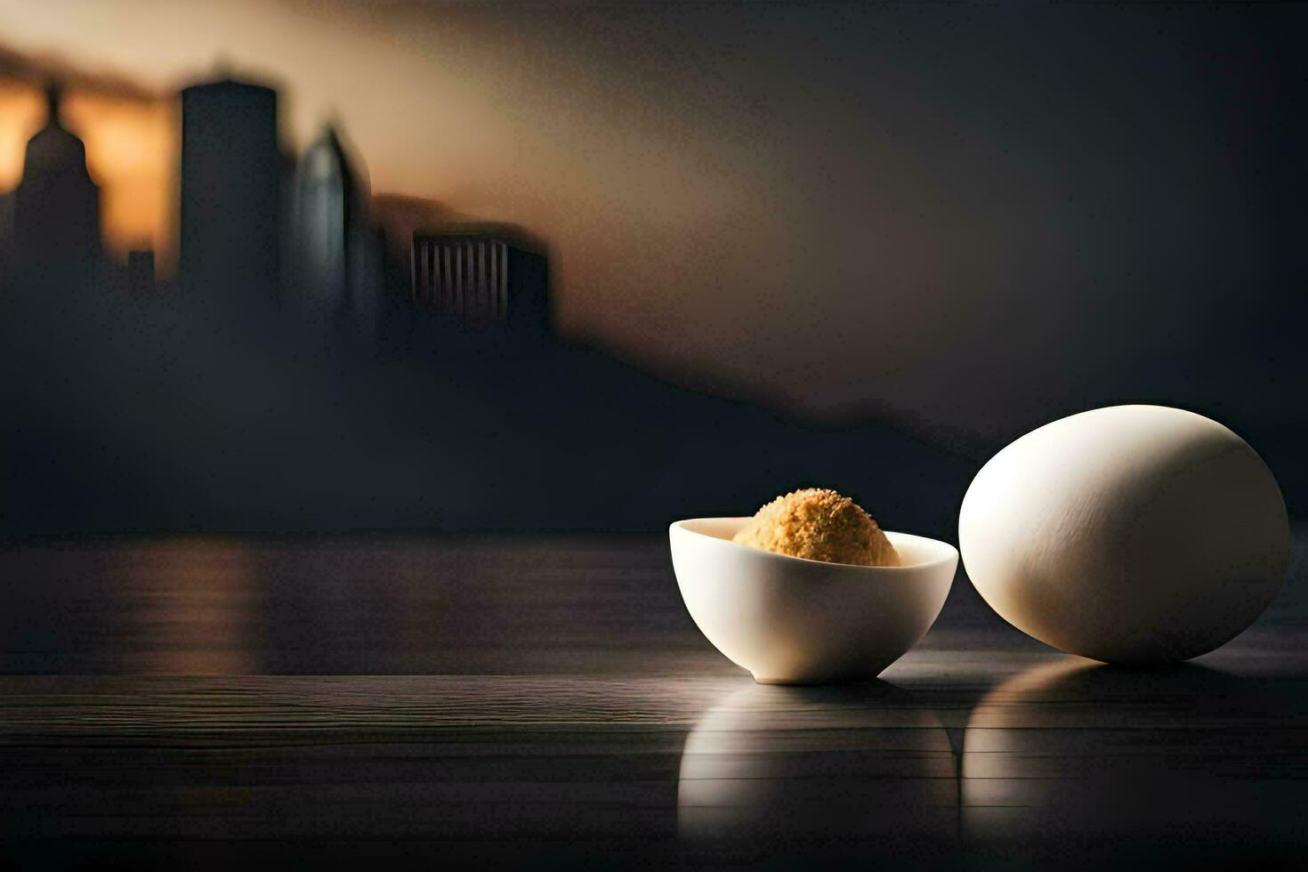 two eggs sit in two white bowls on a table. AI-Generated photo