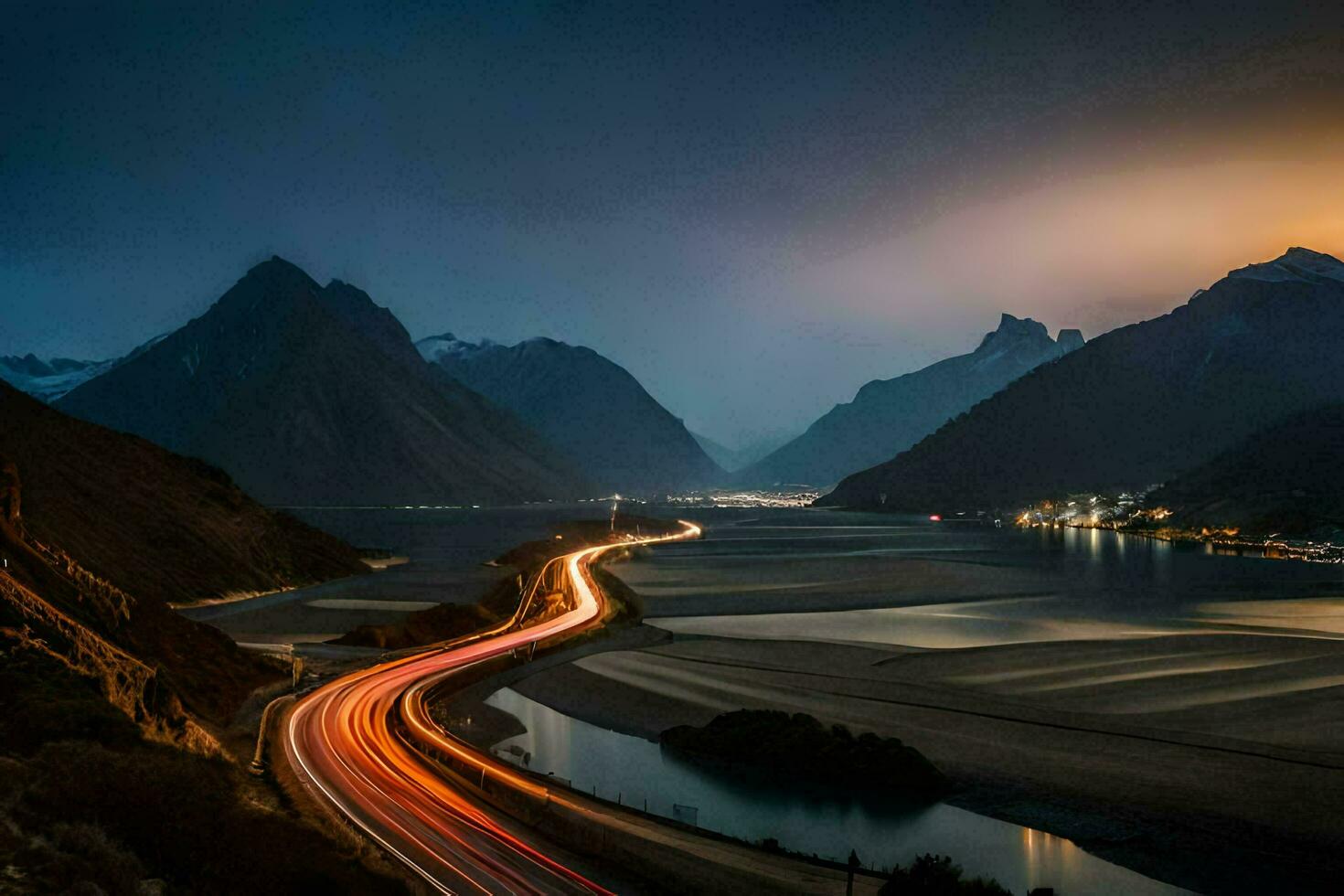 a long exposure photo of a road and mountains at night. AI-Generated