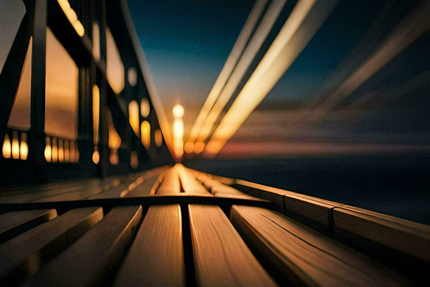 a long exposure photograph of a bridge at sunset. AI-Generated photo