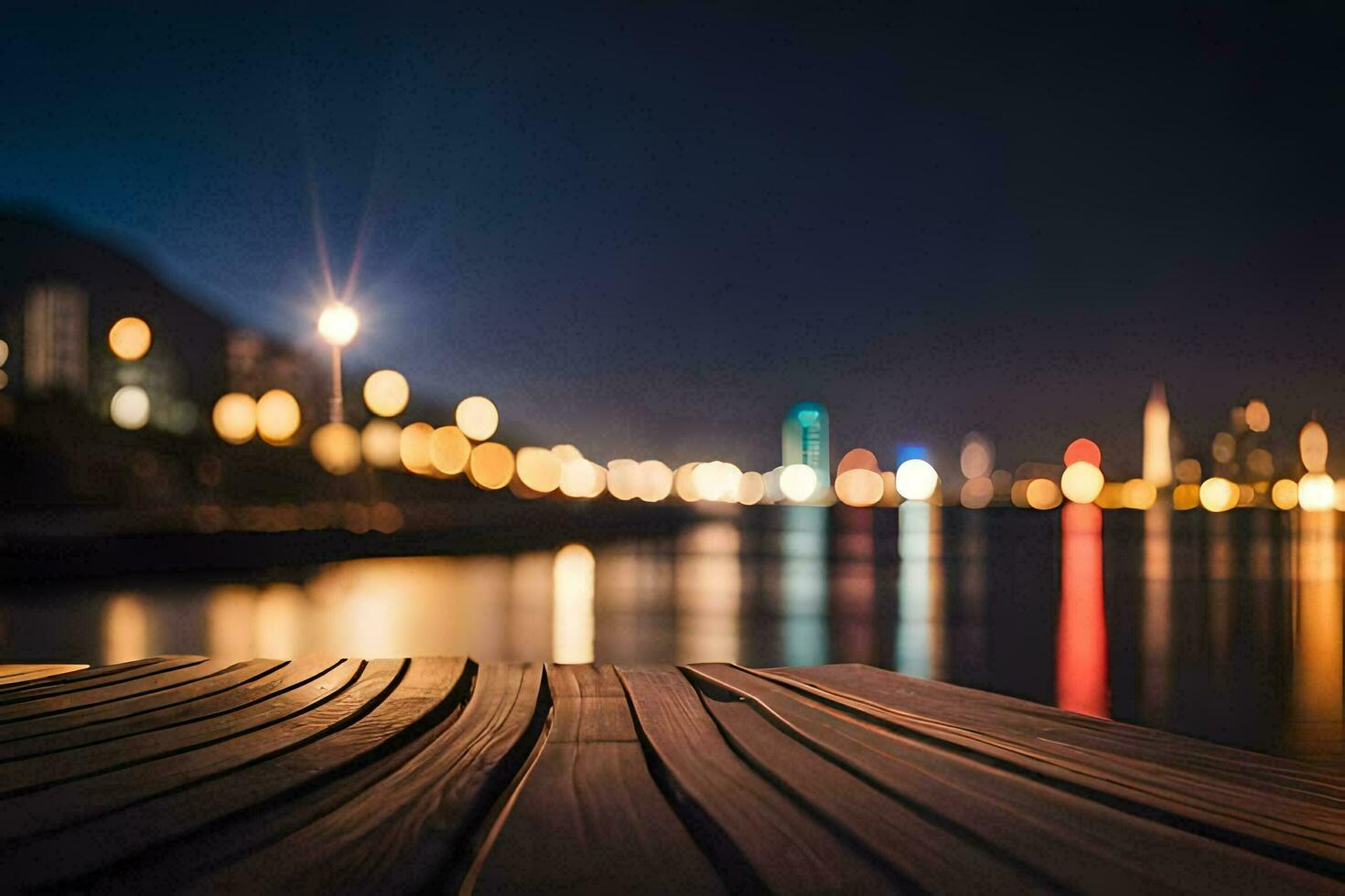 a wooden deck overlooking the water at night. AI-Generated photo