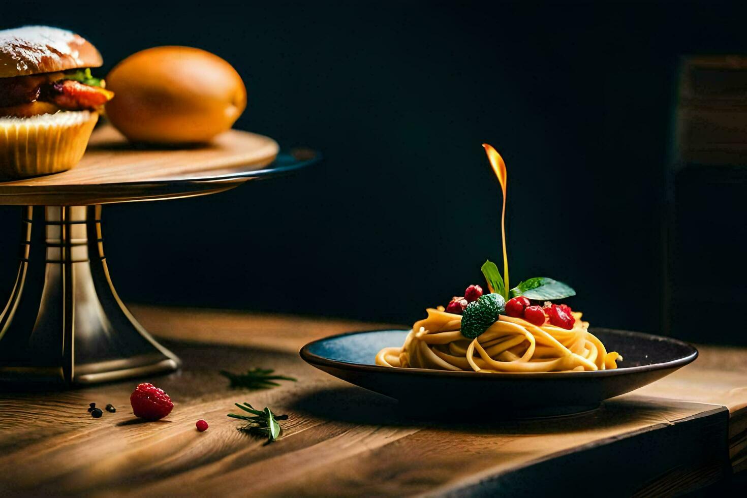 a plate with spaghetti and a burger on it. AI-Generated photo