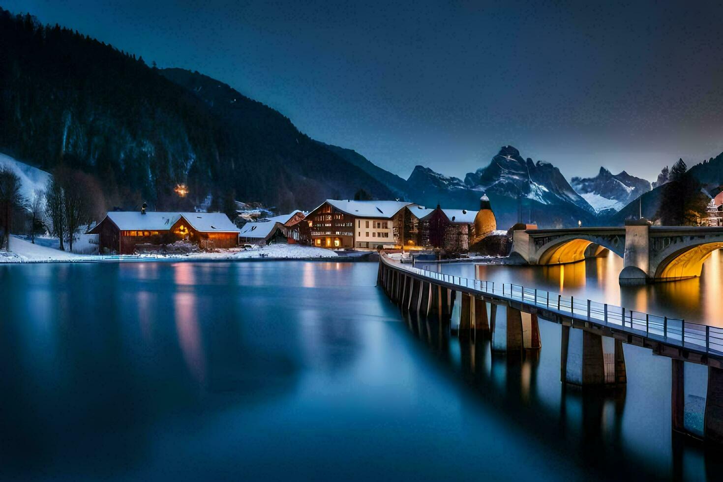 foto fondo de pantalla el cielo, invierno, montañas, puente, lago, casa, invierno, el Alabama. generado por ai