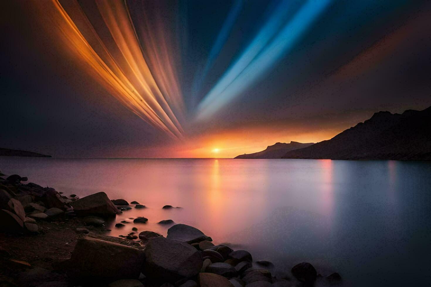 a long exposure photograph of a sunset over water. AI-Generated photo