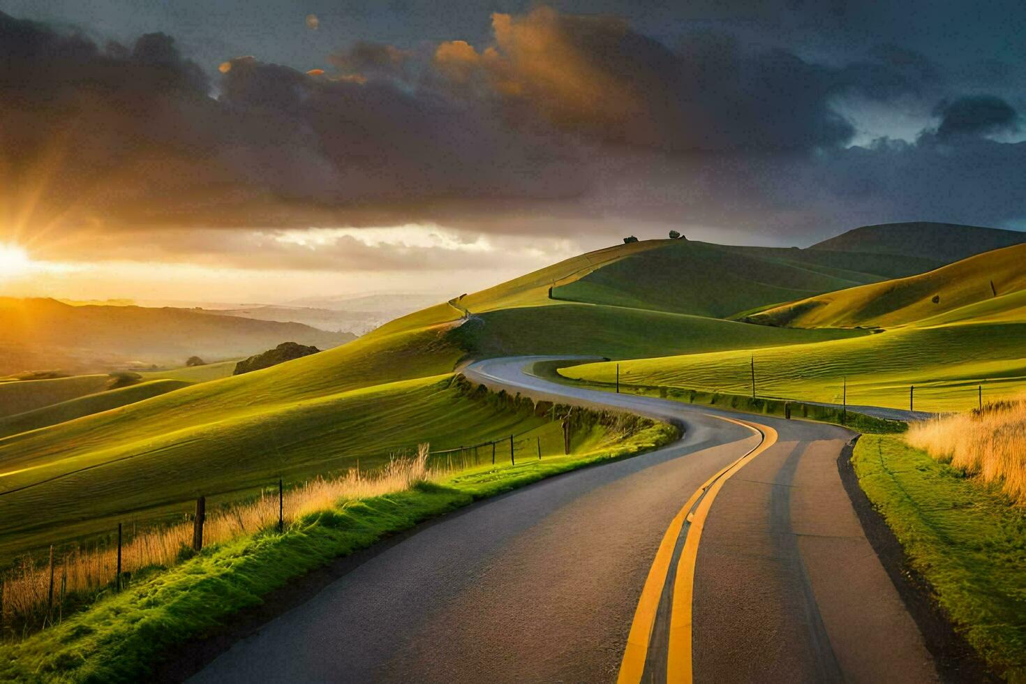 the sun sets over a winding road in the hills. AI-Generated photo