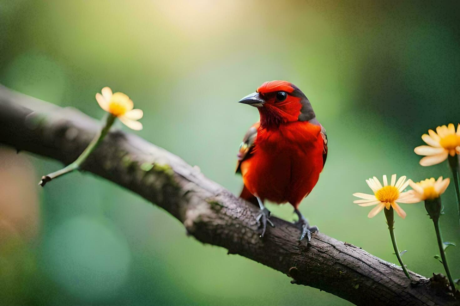 a red bird sitting on a branch with yellow flowers. AI-Generated photo