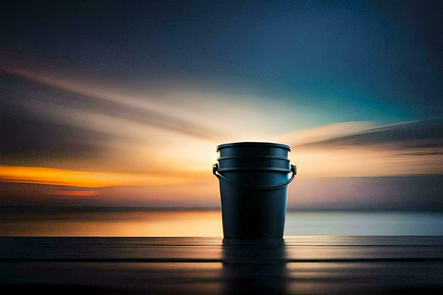 a bucket on a wooden table with a sunset in the background. AI-Generated photo