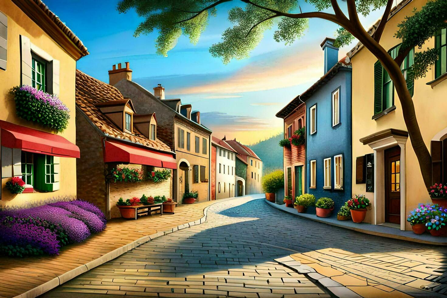 an illustration of a street in a small town. AI-Generated photo