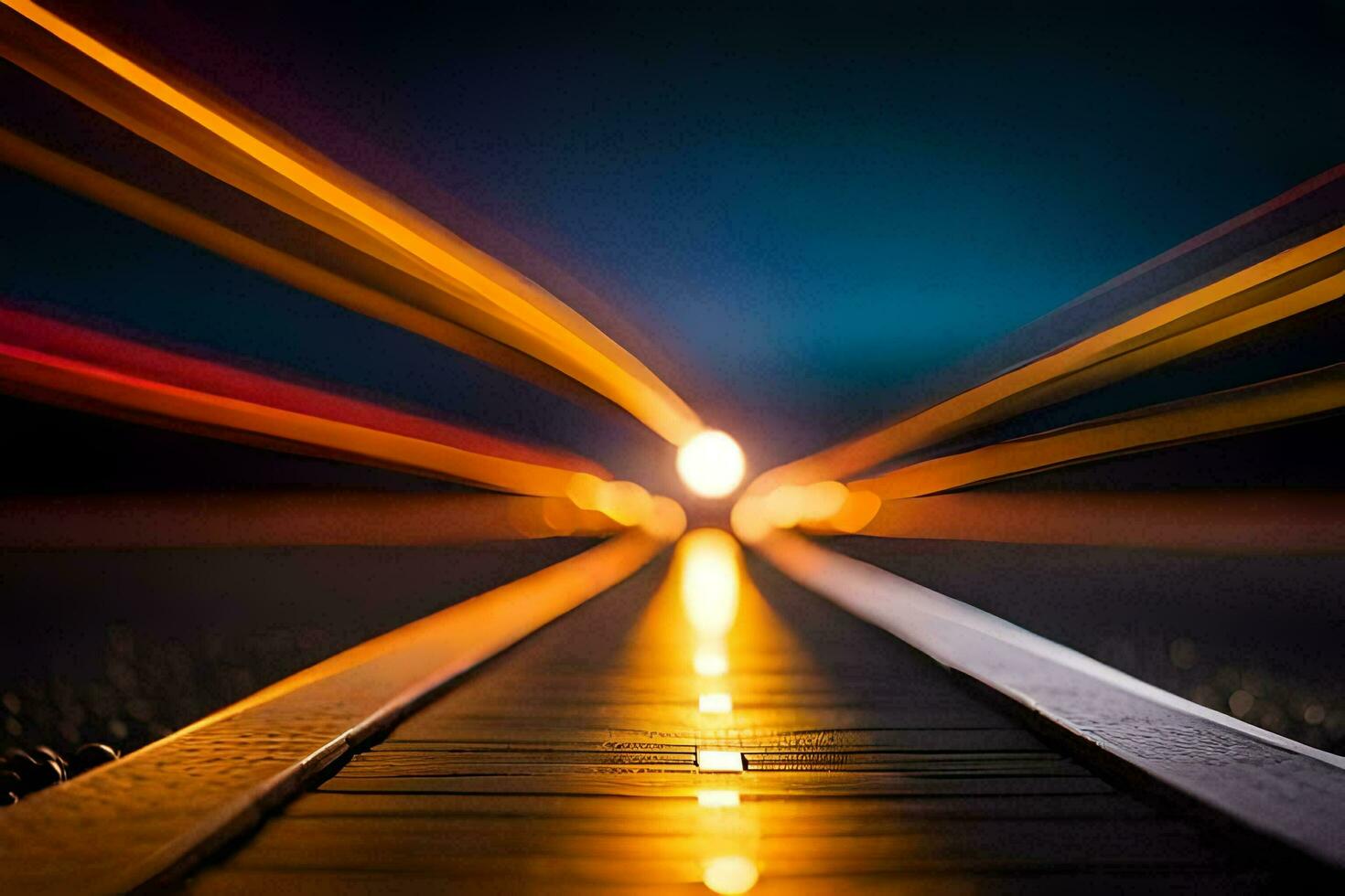 un tren pista a noche con luces en el antecedentes. generado por ai foto