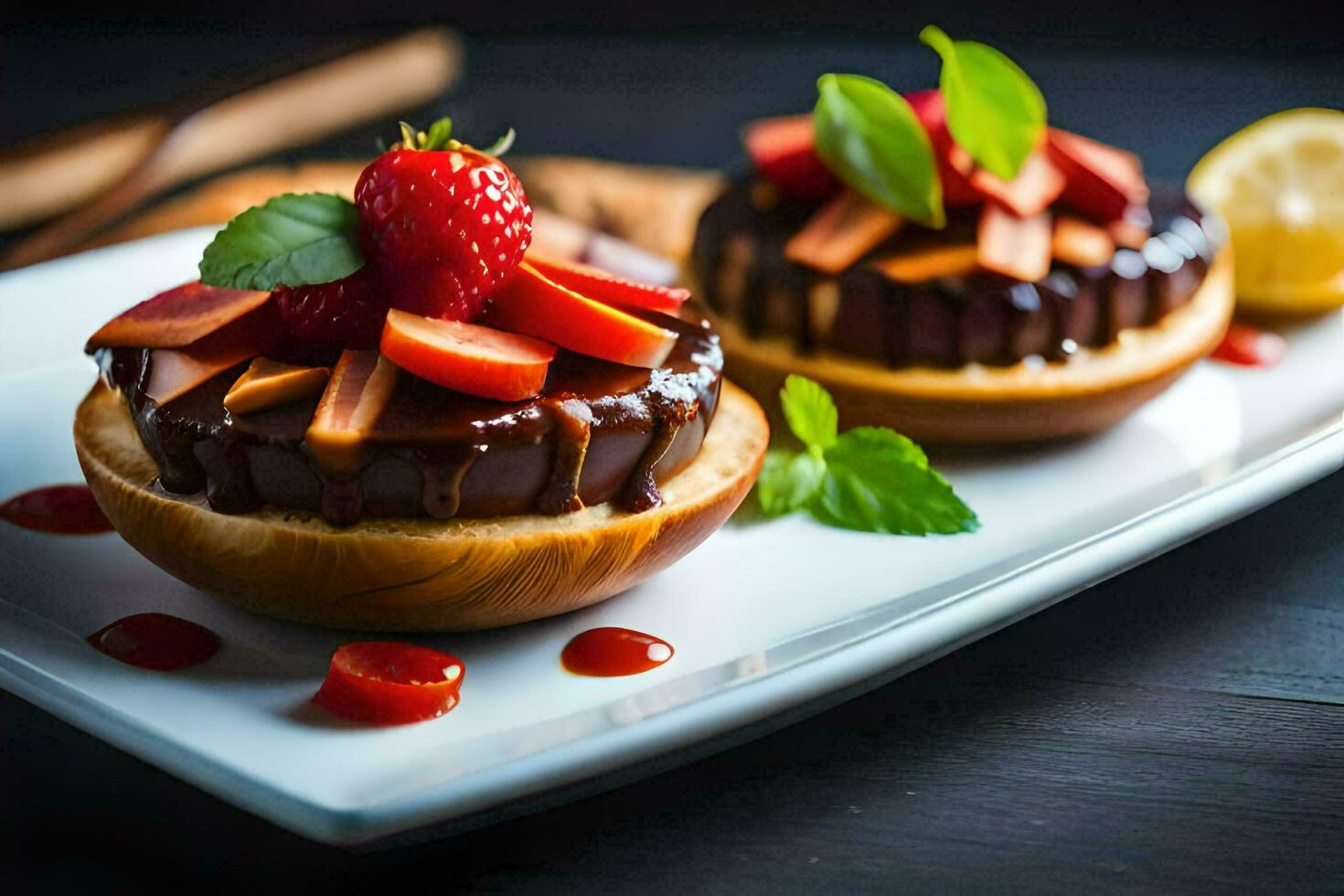 two small desserts with strawberries and chocolate. AI-Generated photo