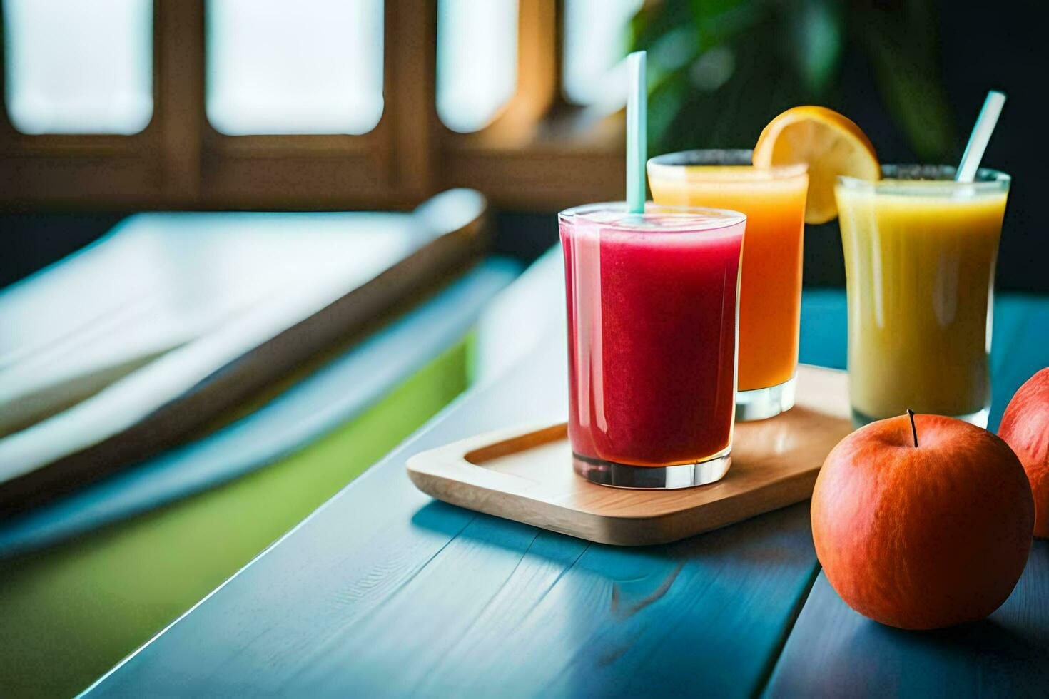 three different types of juices sit on a wooden tray. AI-Generated photo