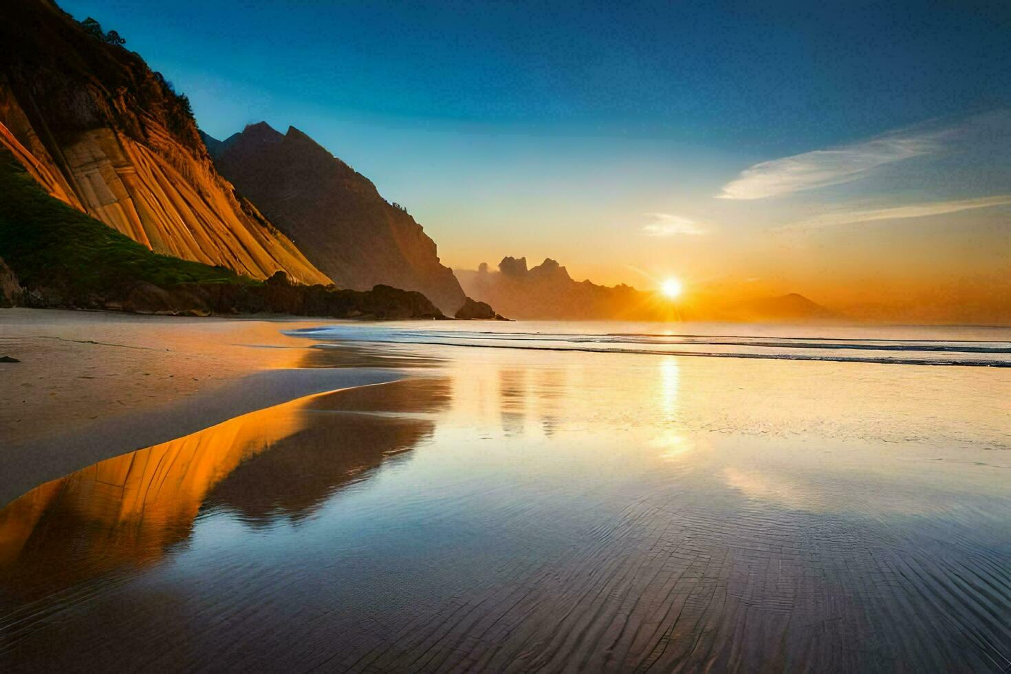 the sun rises over the ocean and mountains. AI-Generated photo