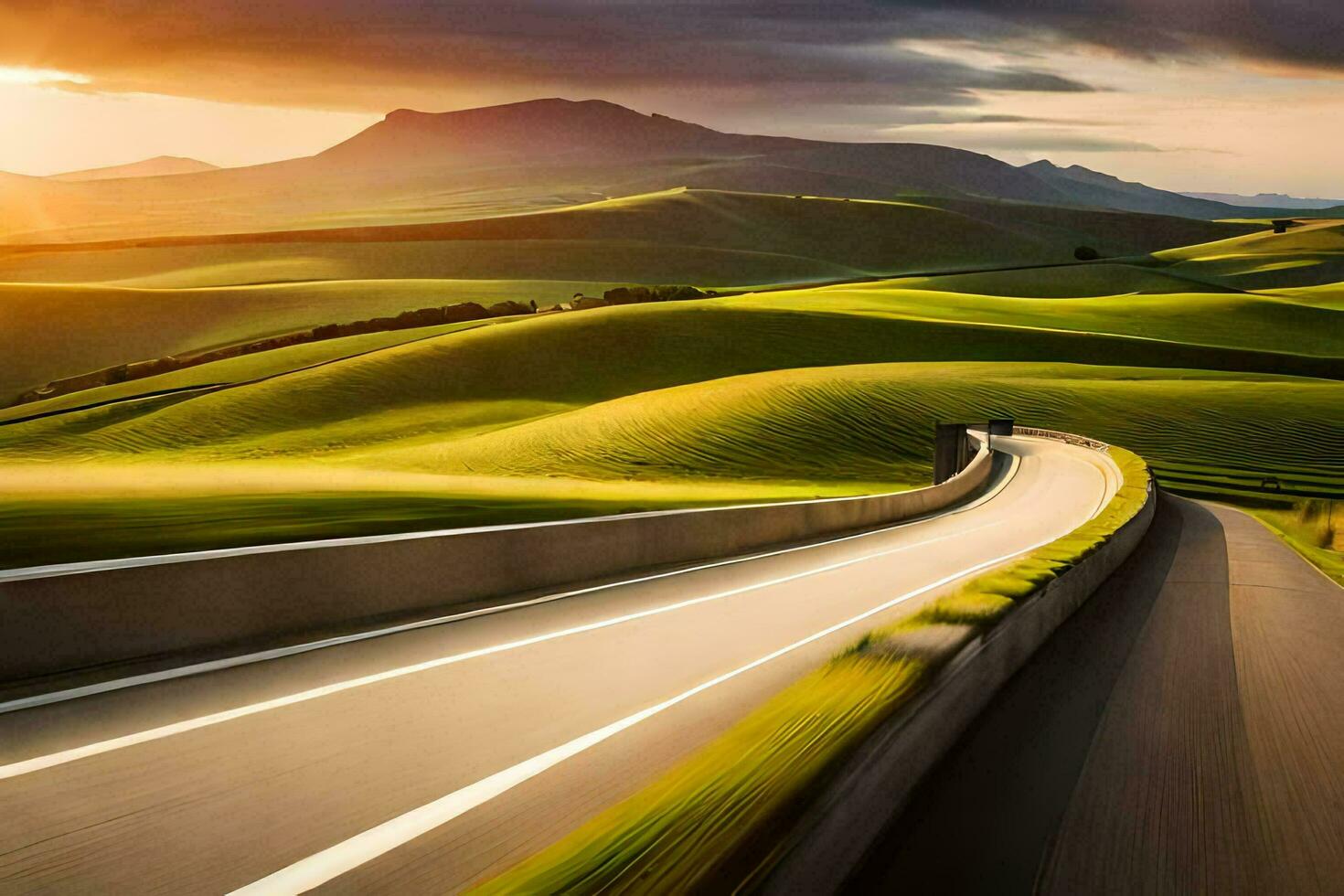 a car driving on a road in the countryside. AI-Generated photo