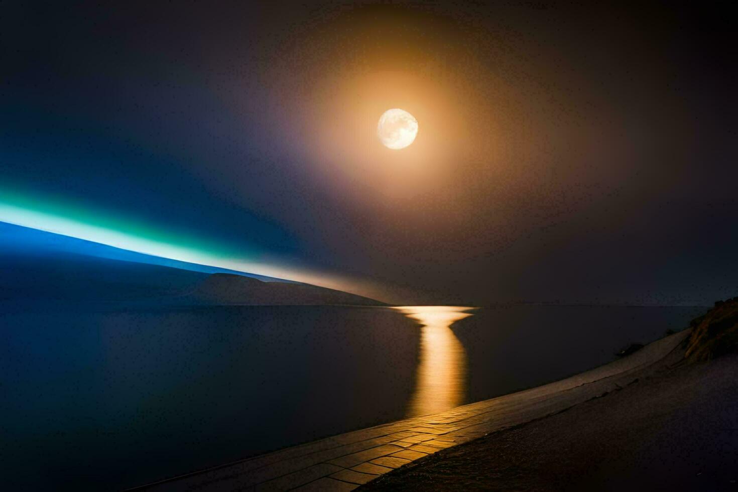 the moon is shining brightly over the ocean. AI-Generated photo
