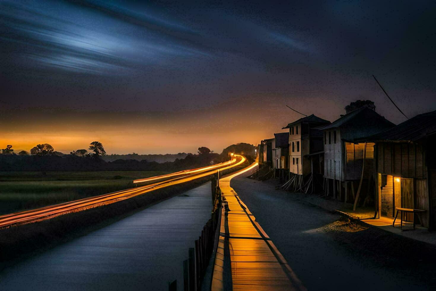 un largo exposición fotografía de un la carretera y casas a oscuridad. generado por ai foto