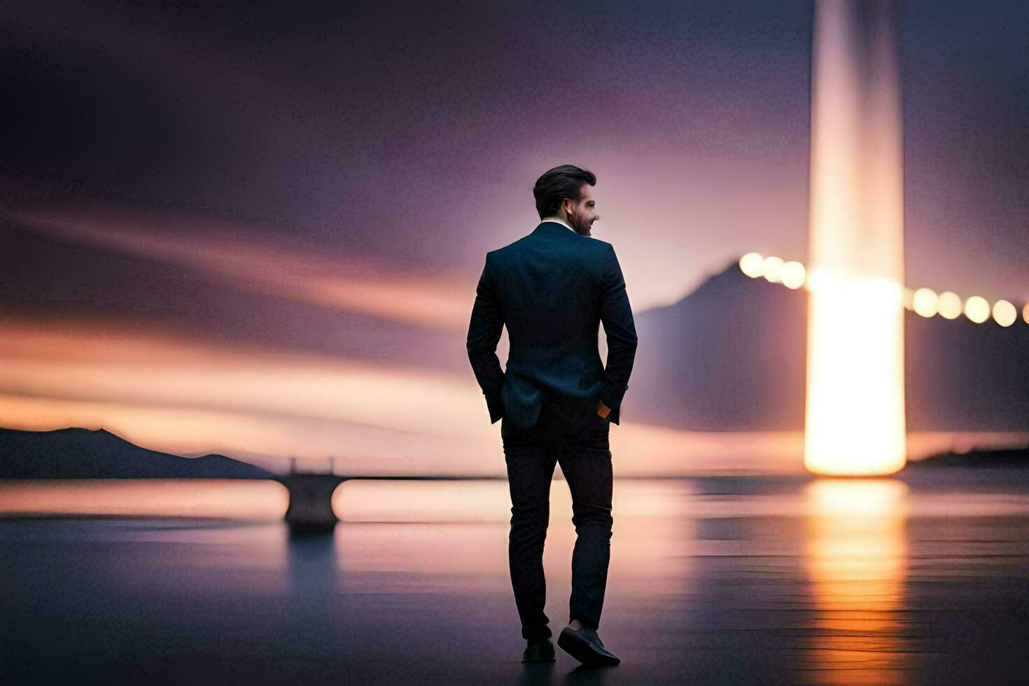 a man in a suit stands in front of a light. AI-Generated photo