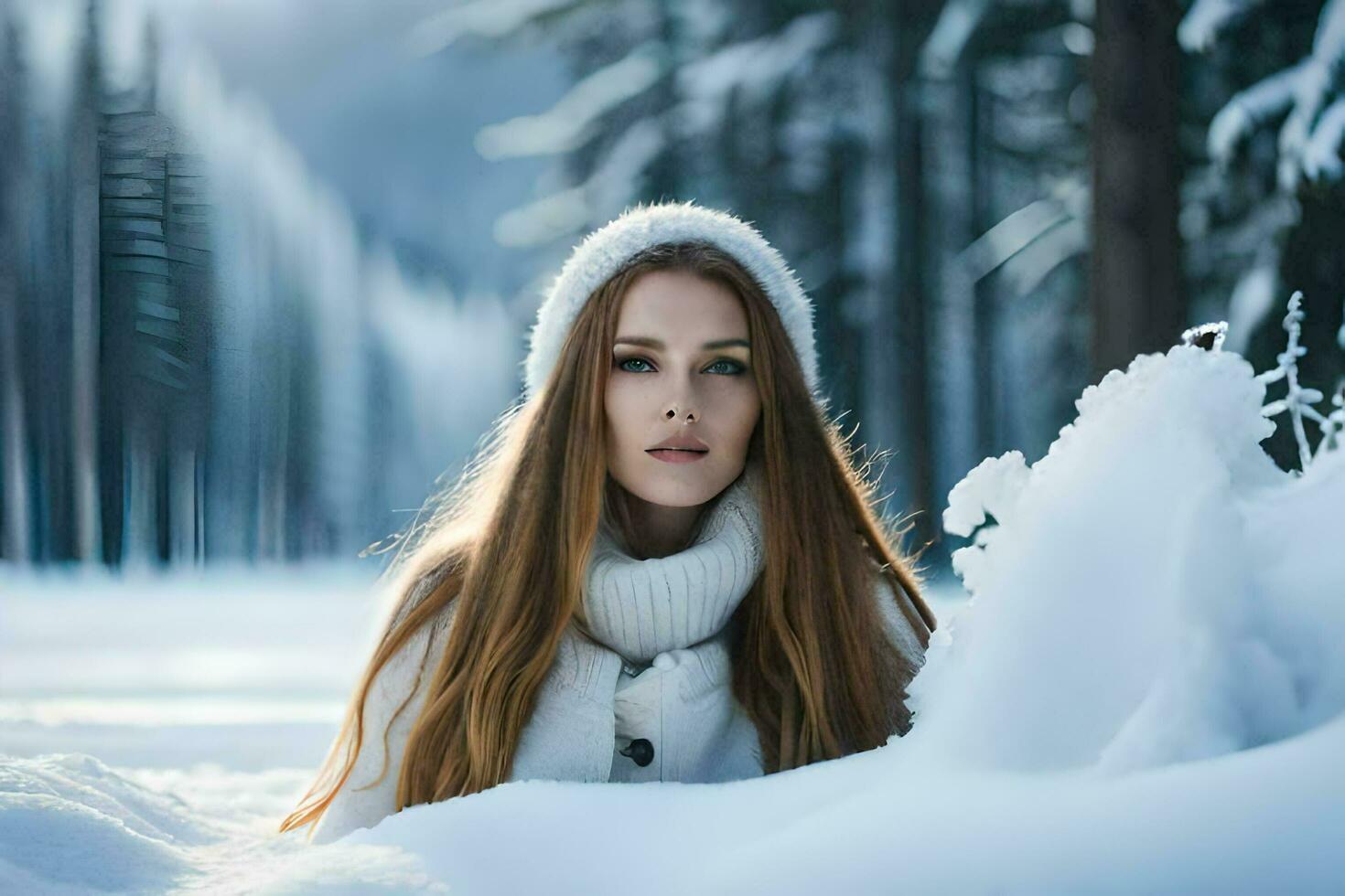 a beautiful young woman in a white coat is laying in the snow. AI-Generated photo