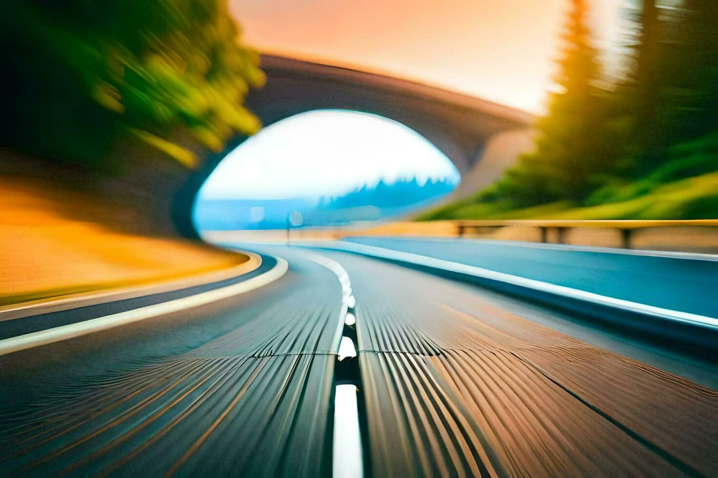 a blurry image of a road with a tunnel in the background. AI-Generated photo