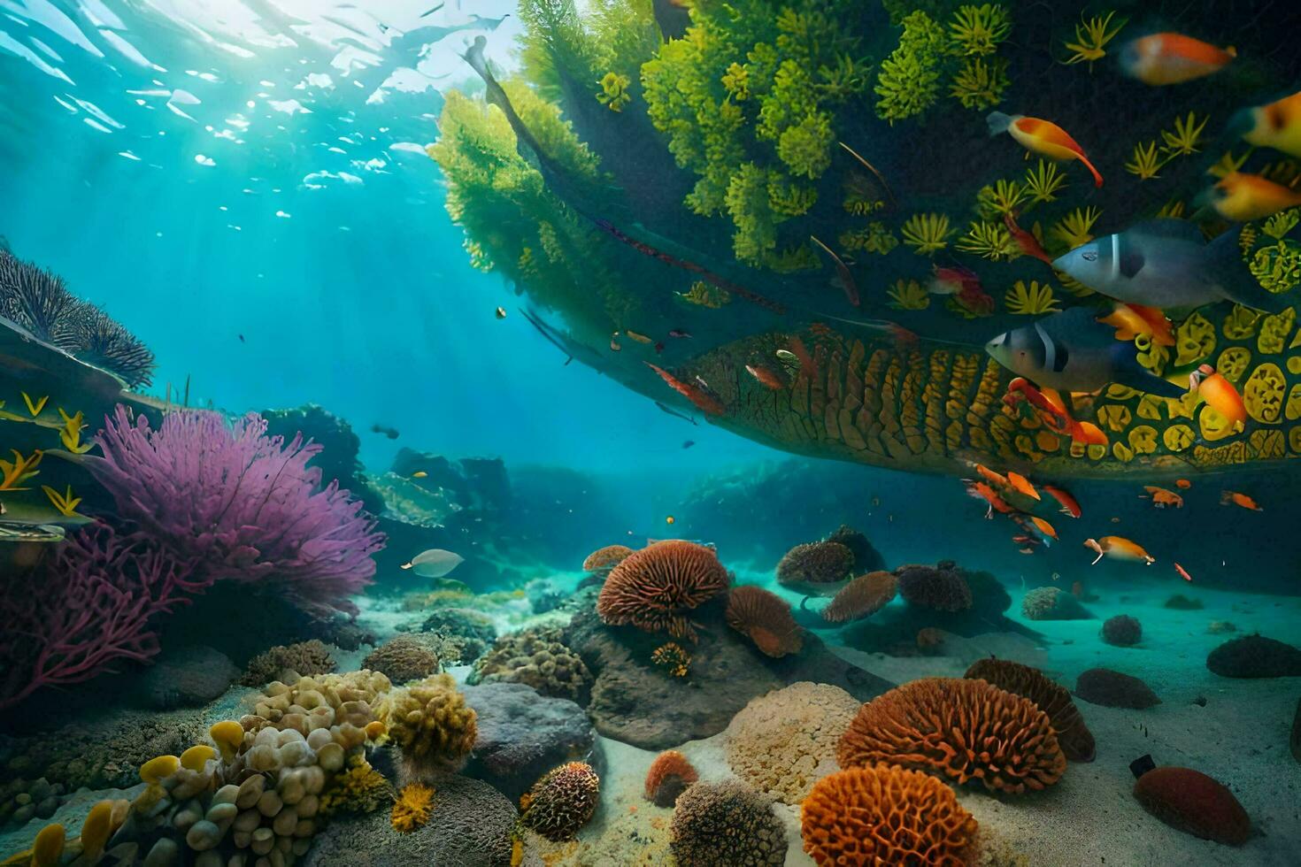 an underwater scene with coral reefs and fish. AI-Generated photo