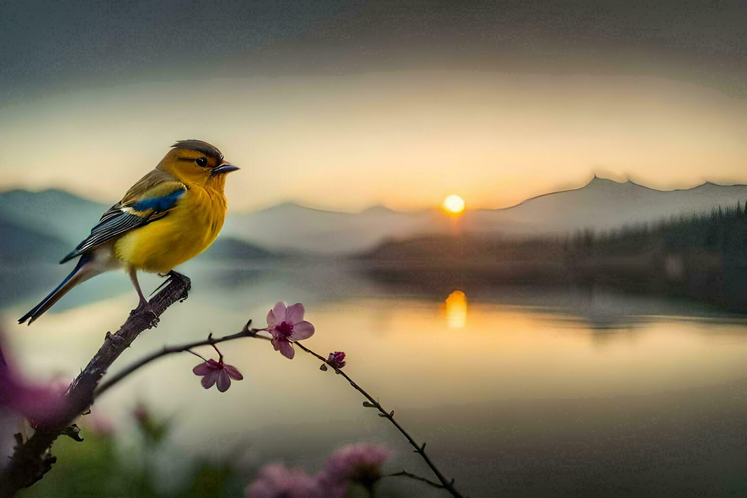 a yellow bird sits on a branch overlooking a lake. AI-Generated photo