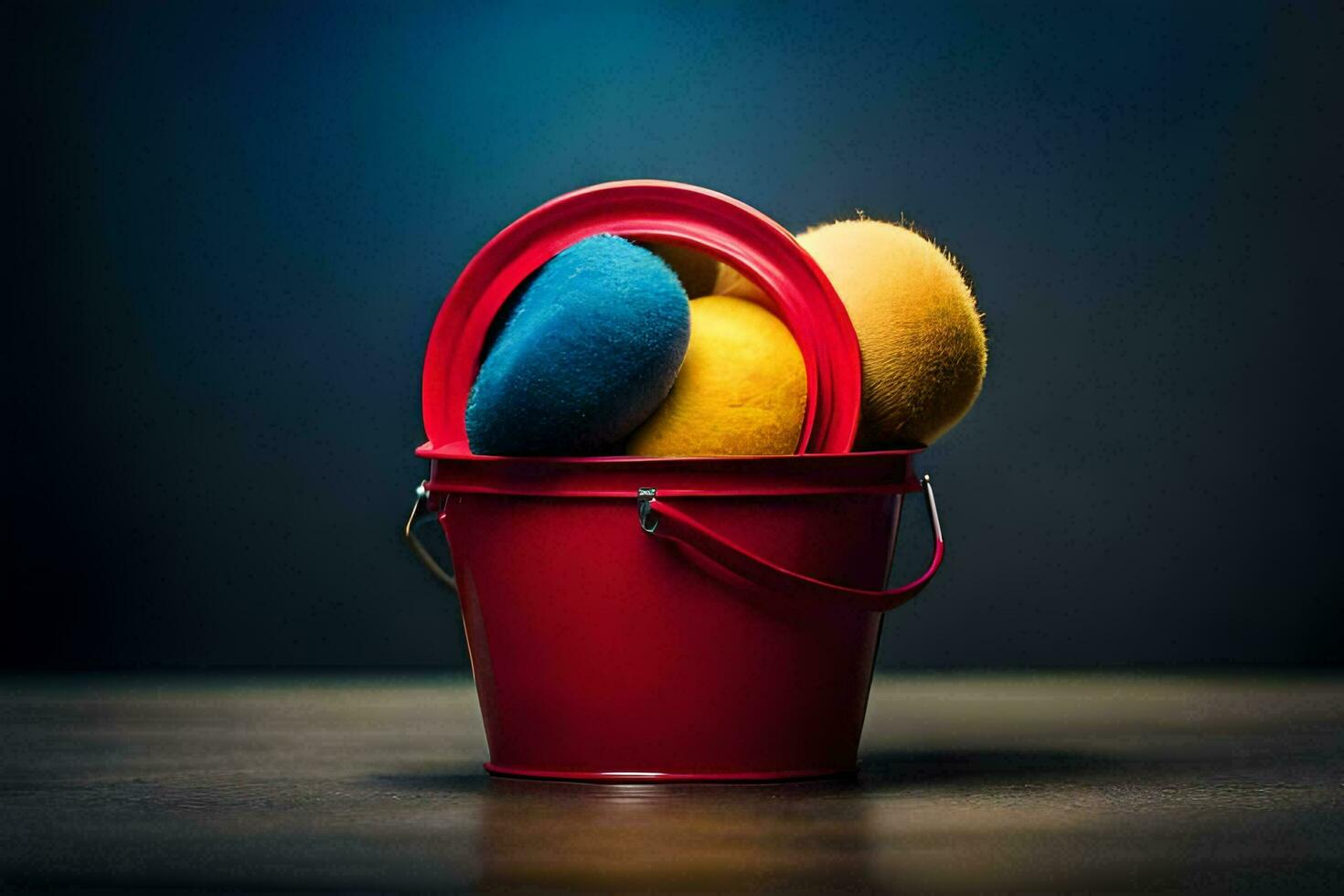 un rojo Cubeta lleno con azul y amarillo pelotas. generado por ai foto