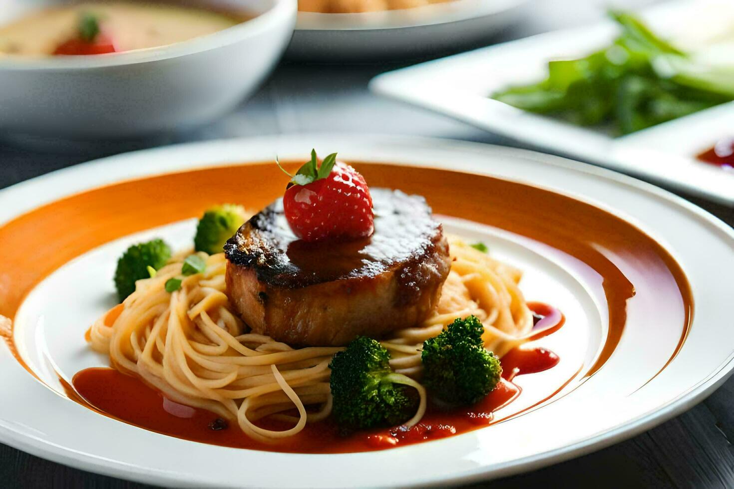 a plate of food with meat, spaghetti and a strawberry. AI-Generated photo