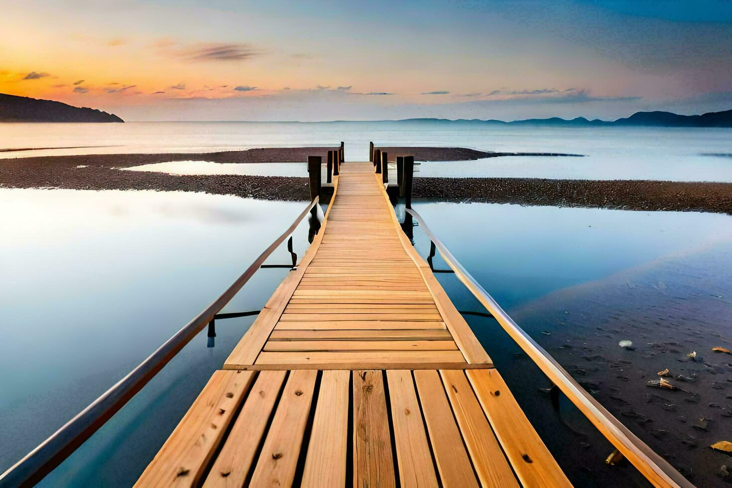 a wooden pier stretches into the water at sunset. AI-Generated photo