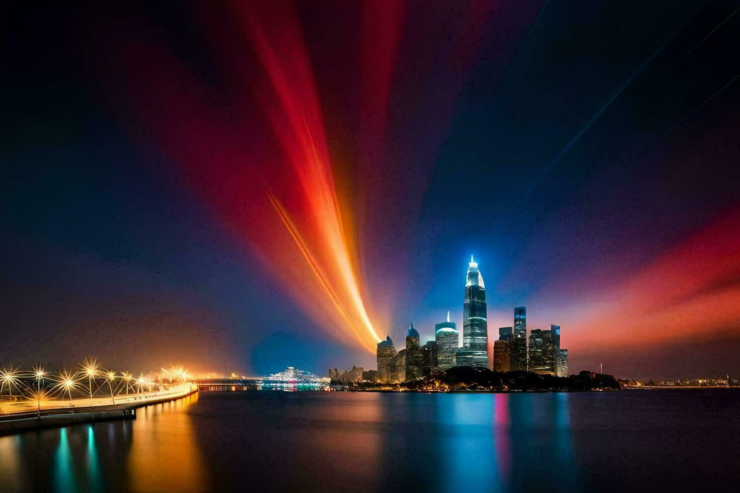 the city skyline is lit up at night with colorful lights. AI-Generated photo