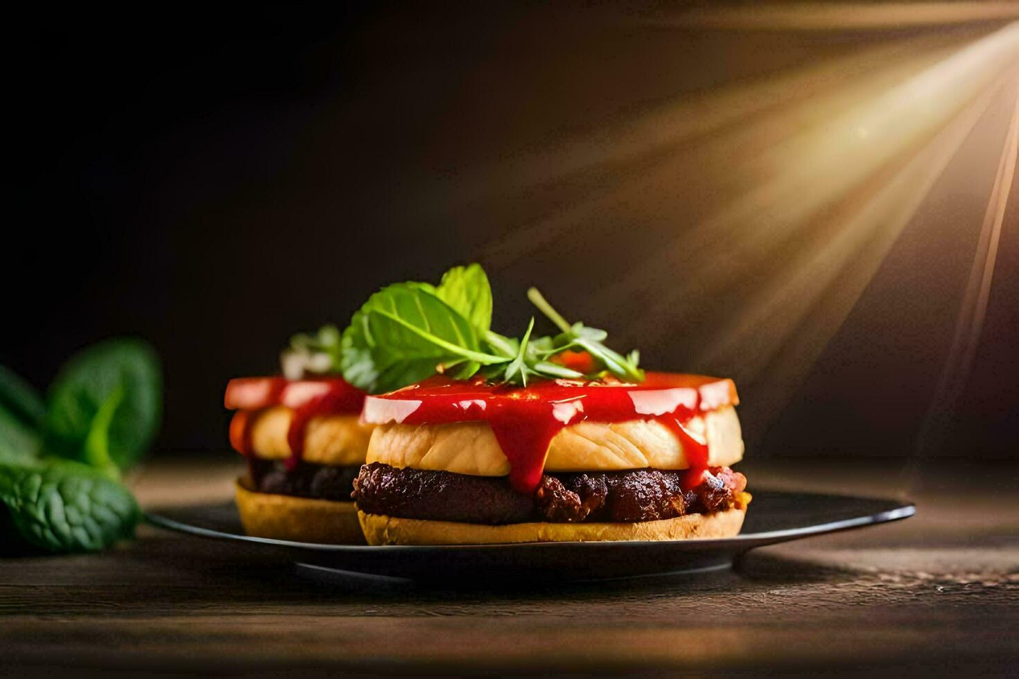 two hamburgers with ketchup and mint on a black plate. AI-Generated photo