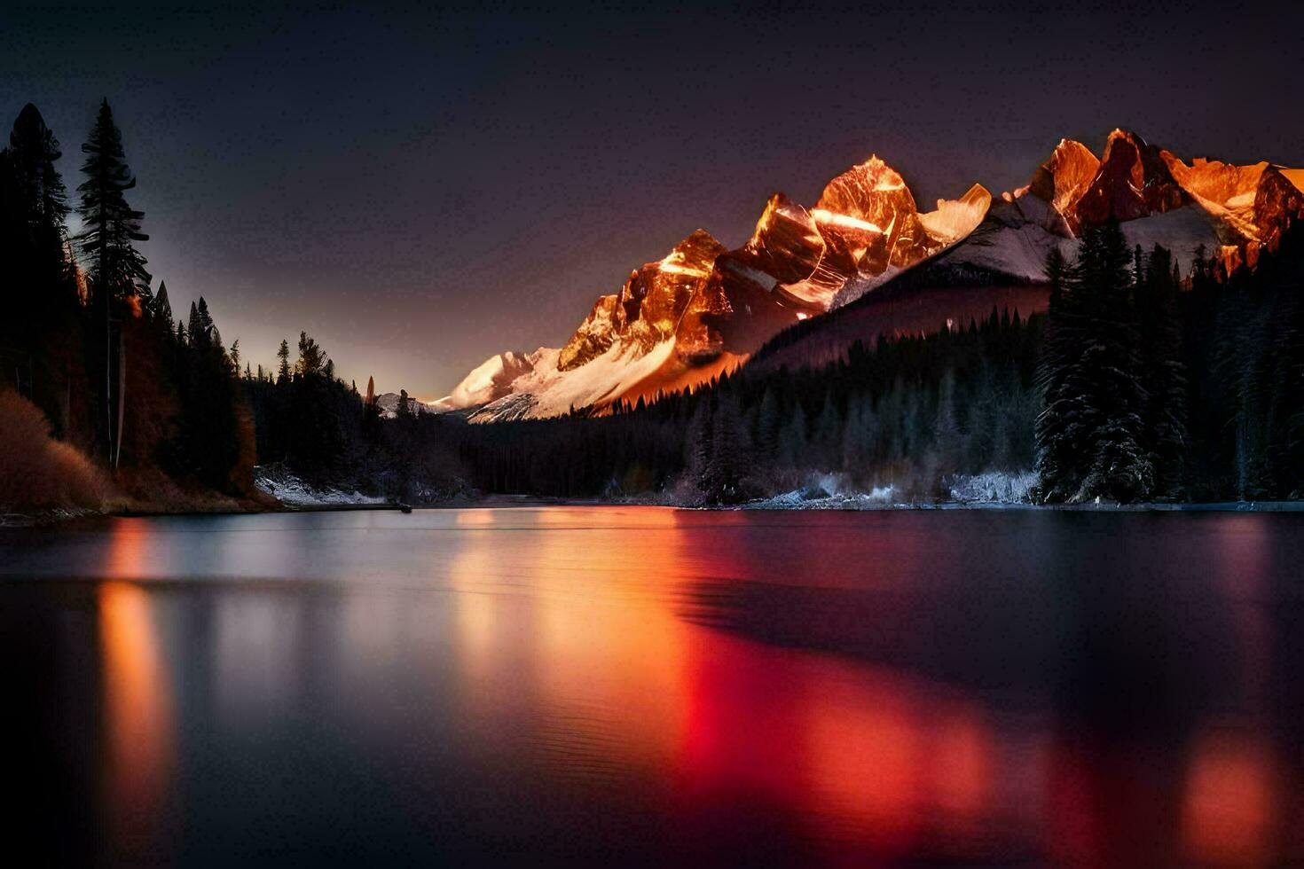 the mountains are reflected in the water at sunset. AI-Generated photo