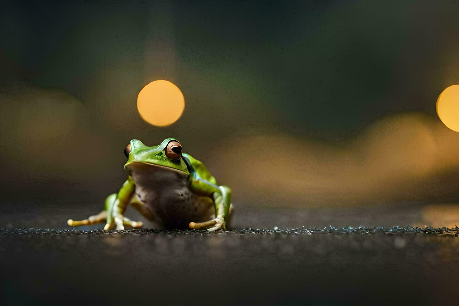 a frog sitting on the ground in front of a blurry background. AI-Generated photo