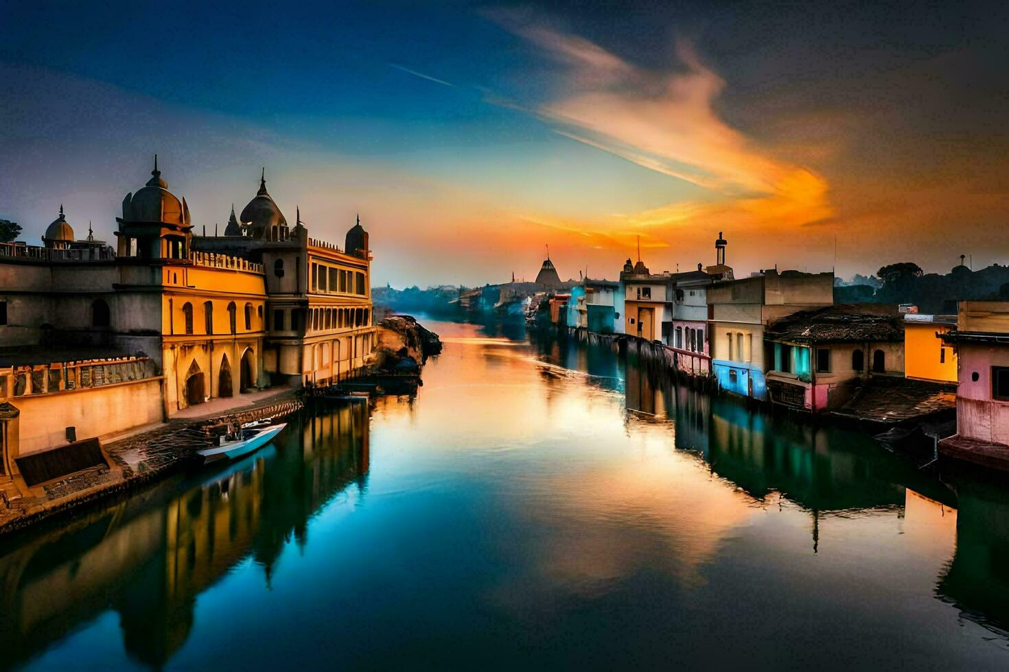the sun sets over the river in india. AI-Generated photo