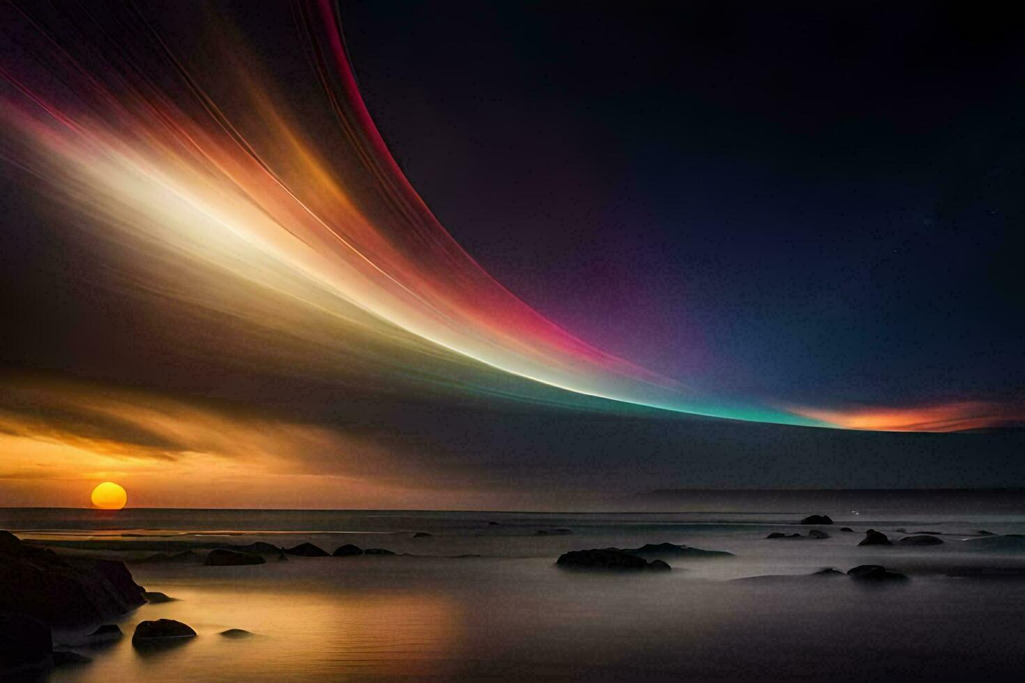 a colorful light trail over the ocean. AI-Generated photo