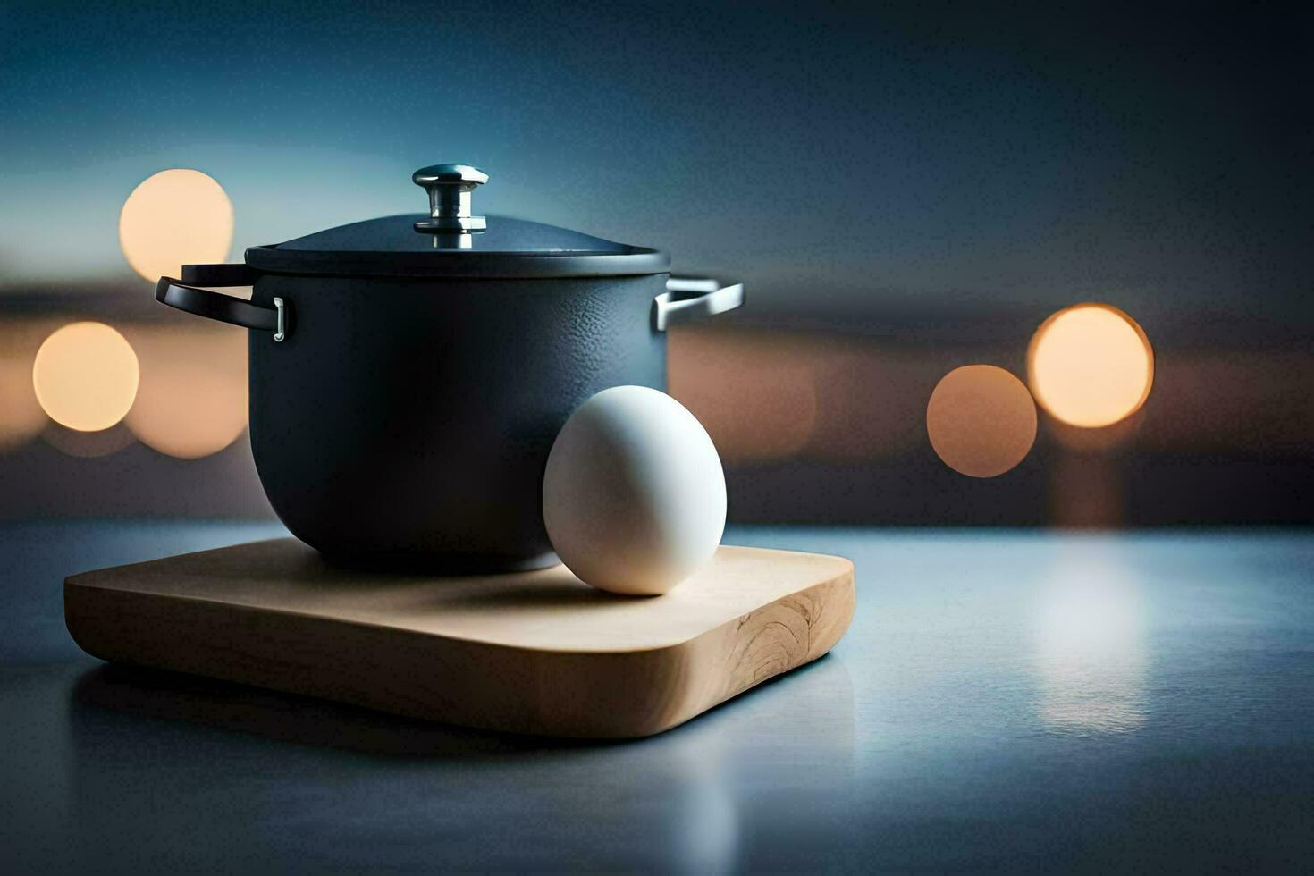 an egg on a wooden board with a pot on top. AI-Generated photo