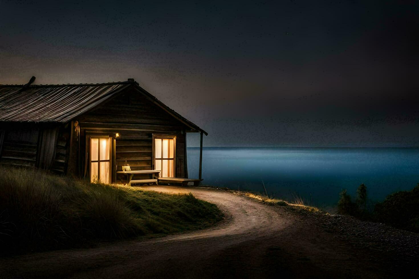 un cabina en el lado de un colina con el Oceano en el antecedentes. generado por ai foto