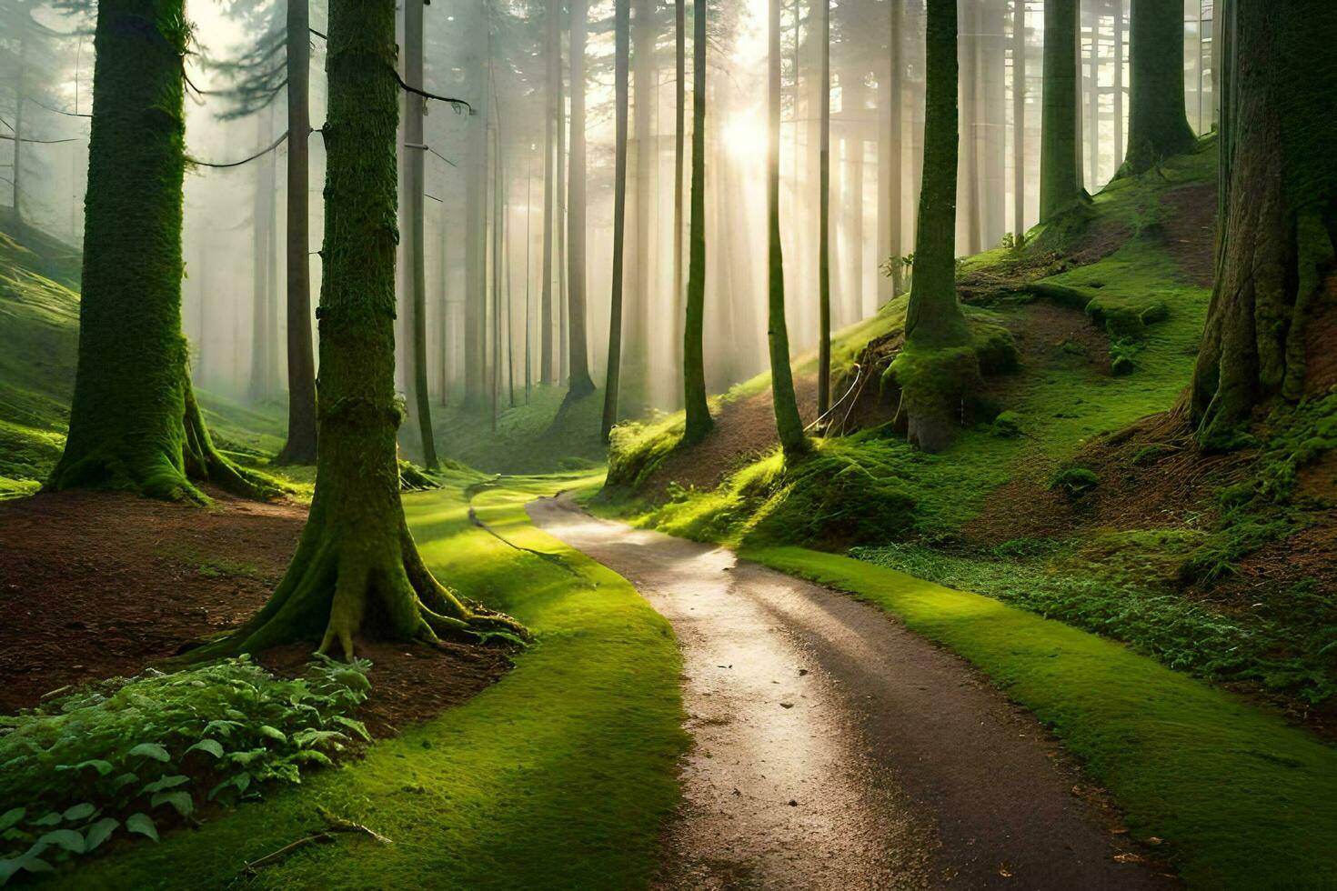 a path through a forest with trees and grass. AI-Generated photo