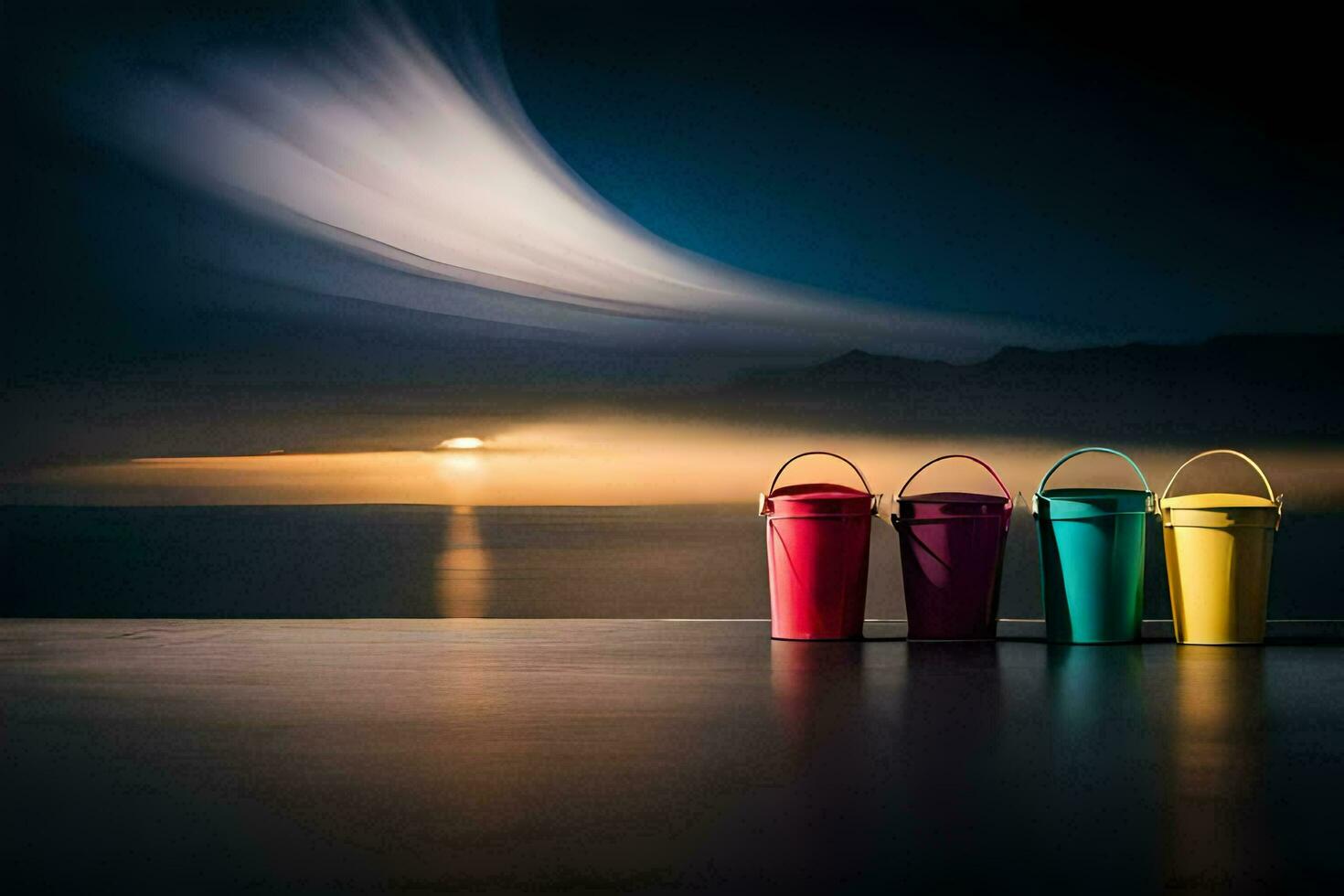 three colorful buckets sit on a wooden table in front of the ocean. AI-Generated photo