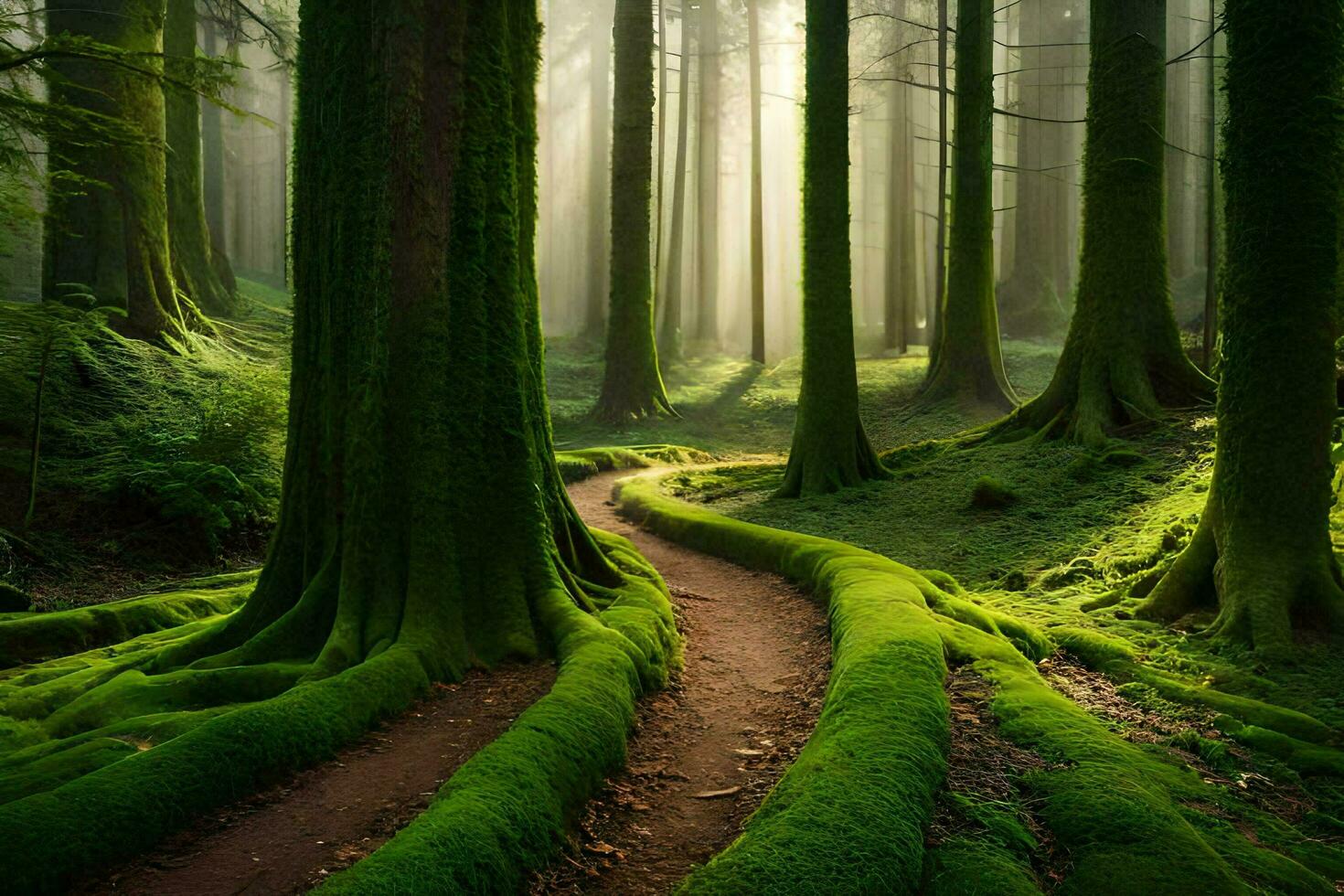 a path through a forest with mossy trees. AI-Generated photo