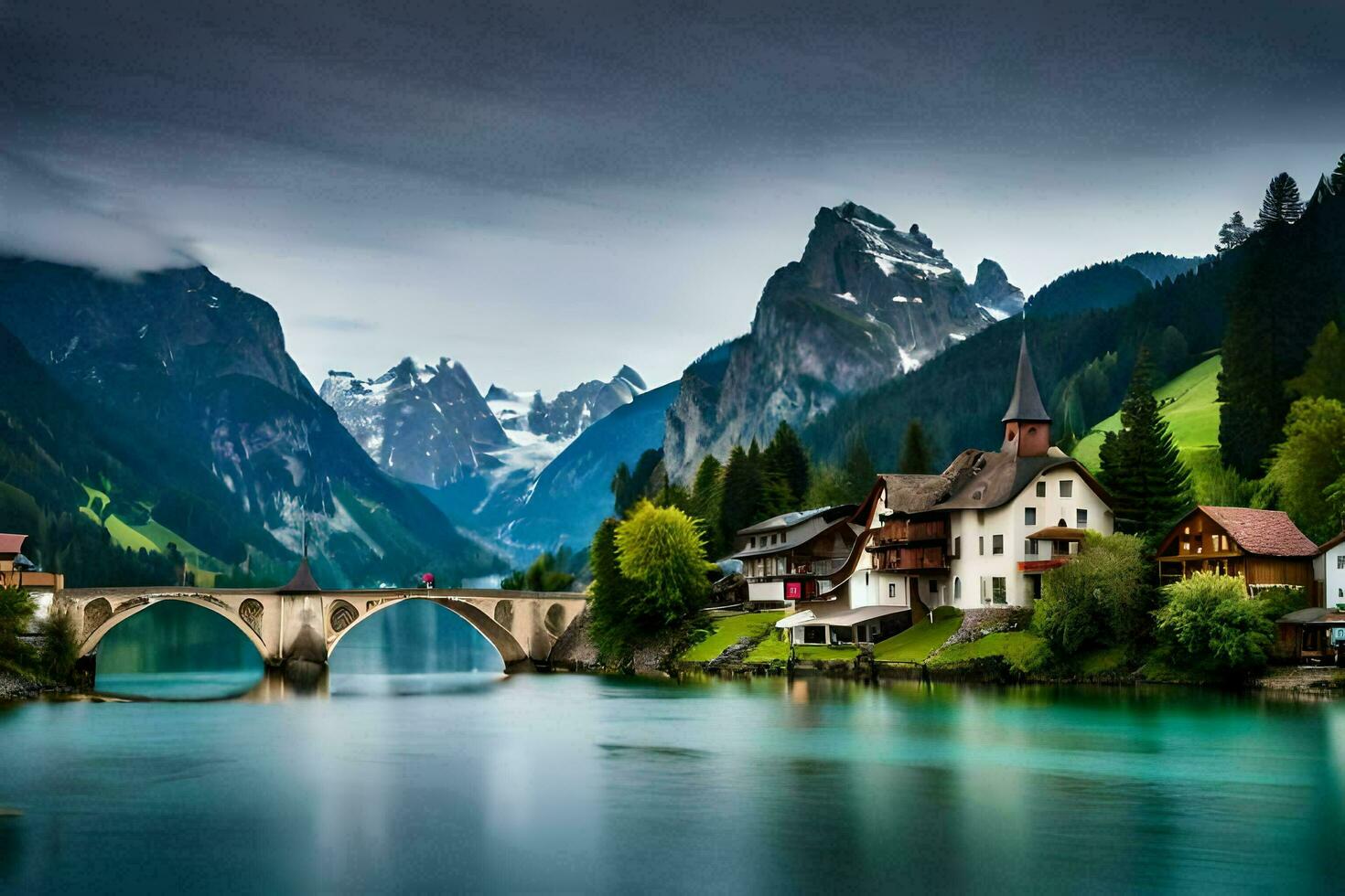 a beautiful mountain village with a bridge over a river. AI-Generated photo