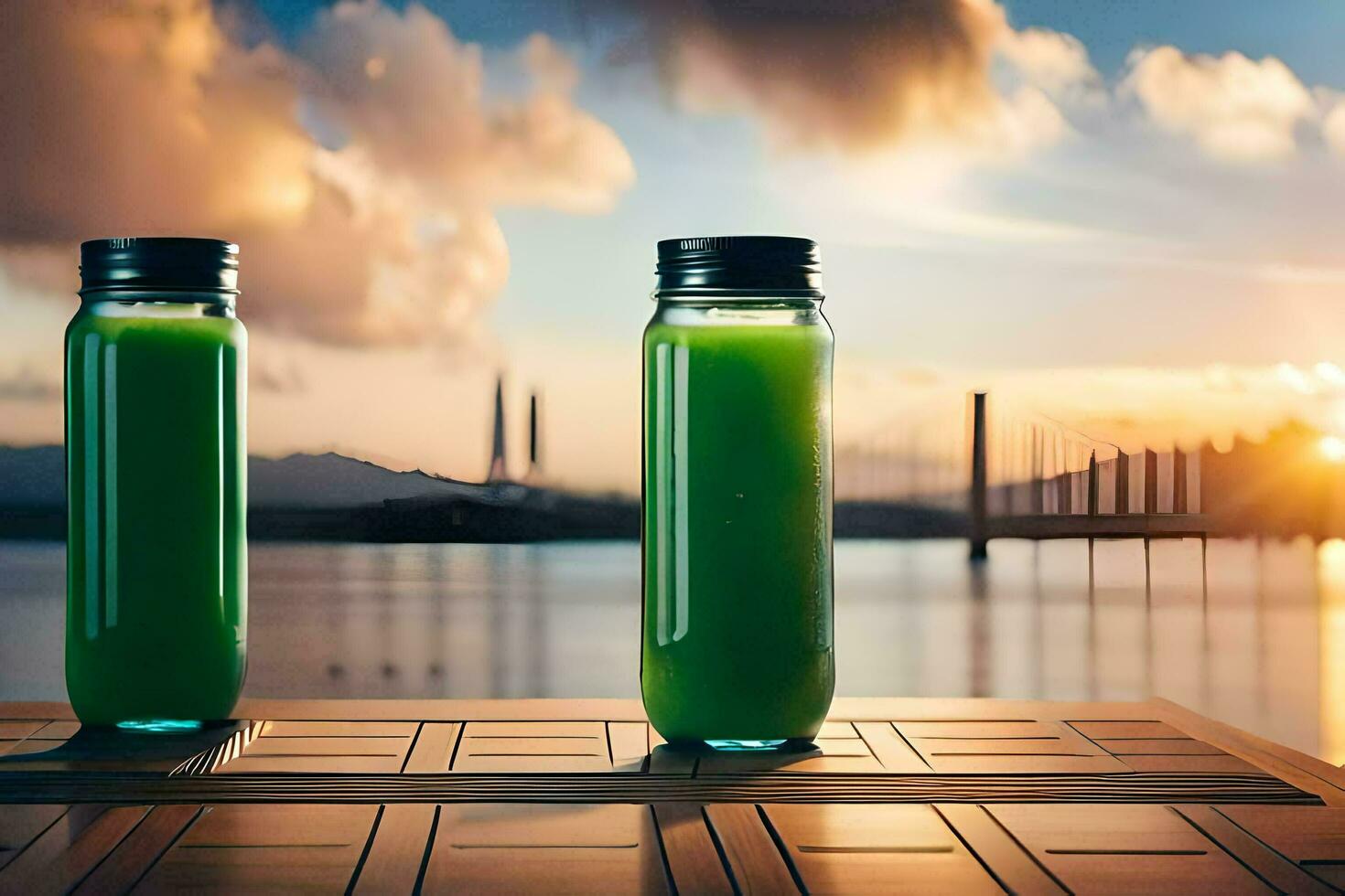 two bottles of green juice sitting on a table with a view of the ocean. AI-Generated photo